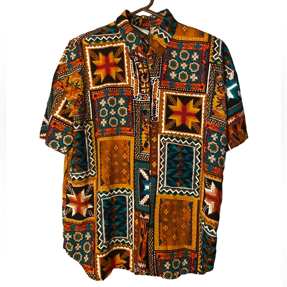 Vintage Caliche Collection Brown Turquoise Southwestern Aztec Tribal Shirt
